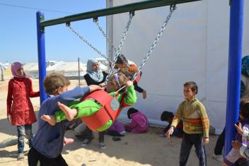 School is offered to children in Za'atari, but they still have a lot of free time. Mercy Corps, in partnership with UNICEF, has constructed and is operating five playgrounds and multipurpose sports courts in the camp.
