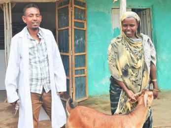 two adults outside a building with a goat